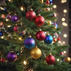 Vibrant baubles adorn a Christmas tree, bokeh lights glow ,  joyful,  shine