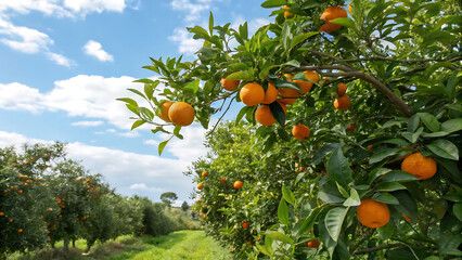 Orange garden with ripe oranges on tree branches. Beautiful orange trees in an orchard. Fruit trees laden with ripe fruits. Juicy citrus fruits ripening in the sun
