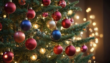 Vibrant baubles adorn a Christmas tree, glowing amidst soft, blurred lights ,  visual,  background