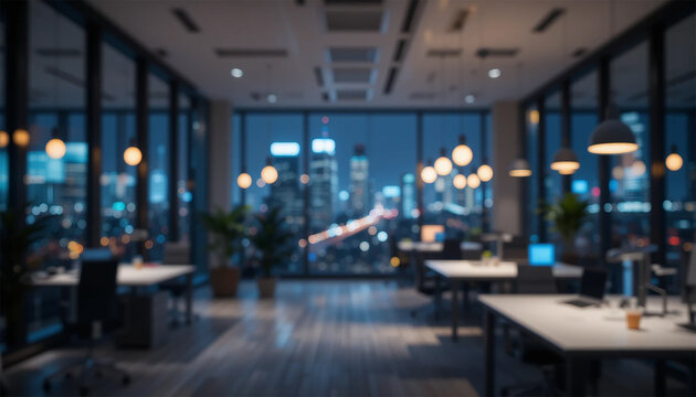 softly blurred office interior with large windows showcasing a stunning urban city view at night. Featuring elegant wooden desks, lush green plants, and warm lighting, creating a modern.