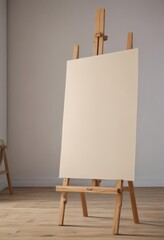 Wooden easel legs and base support a large blank canvas, studio setting ,  wood,  design,  canvas