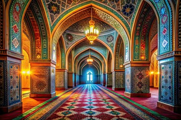 Obraz premium Mosque Tunnel Interior Documentary Photography AI Art, Mysterious Tunnel in a Mosque, Architectural Photography AI