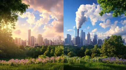 Urban Landscape Split Between Nature and Industrial Development