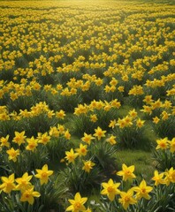A carpet of cheerful yellow daffodils blankets a verdant field bathed in sunlight ,  plant,  field