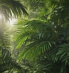 Vibrant green palm fronds, sunlight dappled, lush texture,  sunlight,  nature photography
