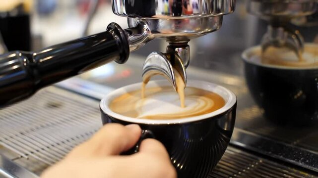 Espresso Pouring Coffee Into Cup Making Latte Art Sequence