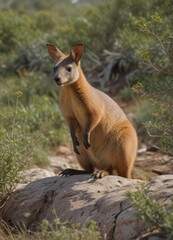 Naklejka premium Agile rock wallaby among sparse vegetation, Queensland landscape, red, nature