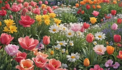 Vibrant watercolor garden blooms; roses, tulips, daisies ,  nature,  summer flowers, watercolor