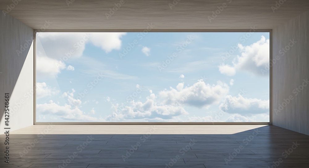 Poster 3d render background with architectural elements. large window overlooking the sky.