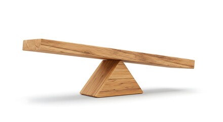3d rendering of a wooden plank balancing on a wooden triangle isolated on white background. Seesaw and teeter-totter. Equilibrium. Balancing life.