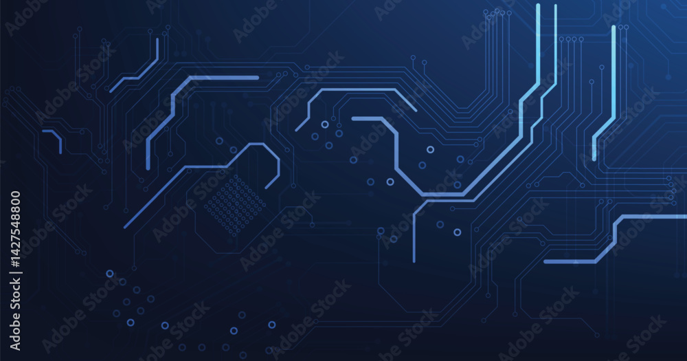 Poster Circuit diagram on a dark blue background. High-tech circuit board connection system.Vector abstract technology on a dark blue background.	
