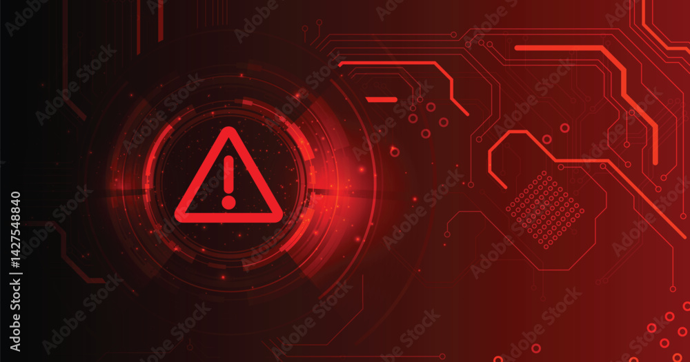 Aufkleber Hacking Concept. Attention warning attacker alert sign with exclamation mark with a circuit board with electronic elements on dark red background. Security protection Concept. 