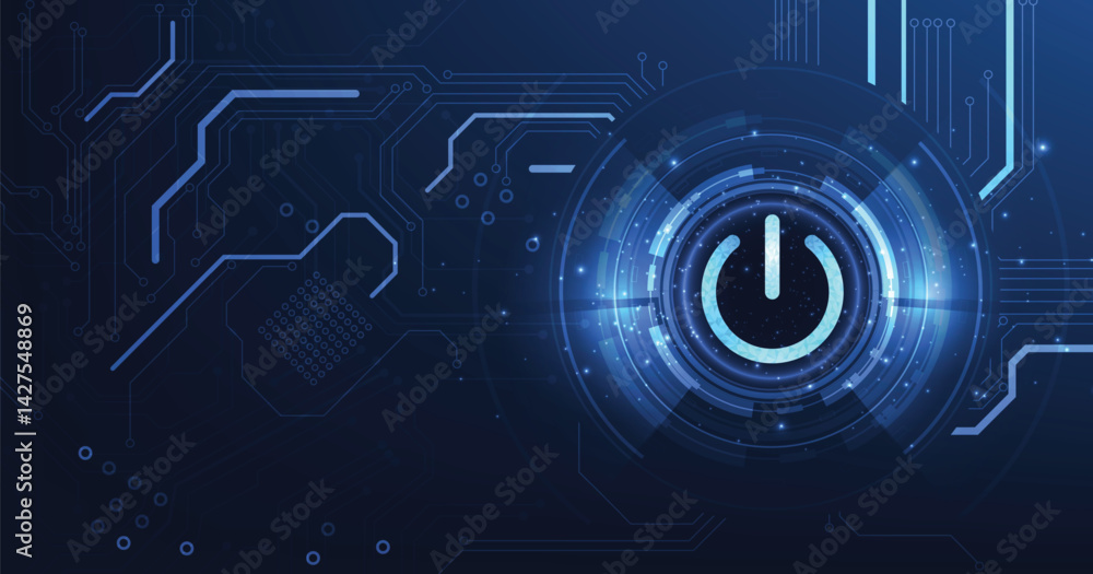 Poster Power button low poly design.smart technology power button on a dark blue background.futuristic digital innovation background vector illustration.	

