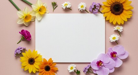 Elegant floral frame with daffodils, sunflowers, orchids, and daisies arranged around a white blank card.