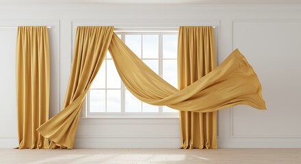 Glass window with luxury curtains of gold silk fabric, hanging on cornice. Realistic interior of empty room with white wall and floor, 3d render. Flowing satin cloth, glossy material in blowing wind
