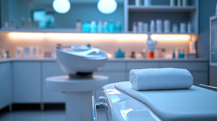 A beauty salon with soft lighting and modern esthetic equipment.