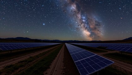 Solar Panels Under Milky Way in Open Landscape at Night with Stars and Galaxy View Above