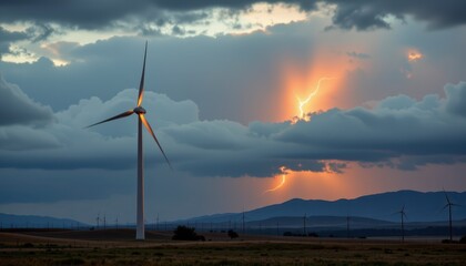 Dramatic Lightning Storm Over Wind Turbines in Scenic Landscape During Sunset with Dark Clouds and Mountains