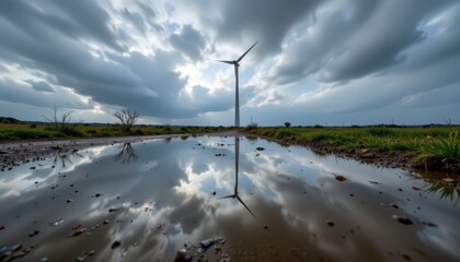 Wind Turbine Standing in Green Field Under Dramatic Cloudy Sky with Reflection in Water Puddle