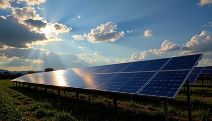 Solar Panels Absorbing Sunlight with Dramatic Sky and Rays of Light Over Green Landscape at Sunset