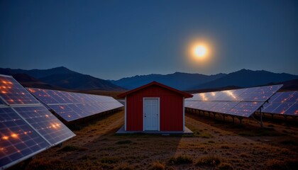 Solar Energy Facility at Dusk with Panels and Small Red Building Under a Full Moon in a Mountain Landscape