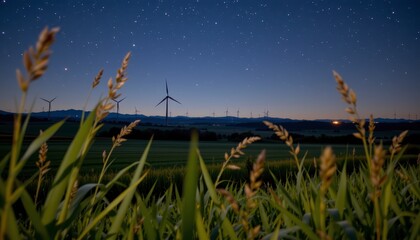 Night Sky Over Fields with Wind Turbines and Stars in a Rural Landscape at Dusk