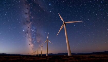 Night Sky Above Wind Turbines Under Milky Way with Stars and Landscape View at Dusk