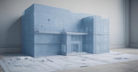 Blueprint style photo, faded blue tones, realistic grid  Architectural design mockup , building, aged, image