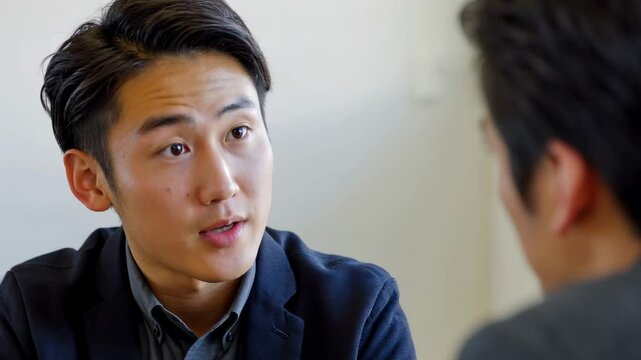 同僚やお客様と話す日本人の男性会社員（信頼・商談・案内・面談・説明）