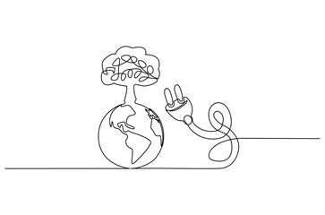 Continuous one line drawing of Earth with electric plug in. Single line drawing illustration of Plug in with earth. Go green energy concept vector art. Doodle line illustration.