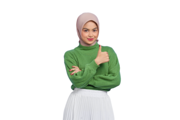 Beautiful smiling Asian woman in green sweater showing thumbs up gesture with hand isolated on transparent background