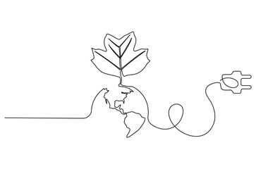 Continuous one line drawing of Earth with electric plug in. Single line drawing illustration of Plug in with earth. Go green energy concept vector art. Doodle line illustration.