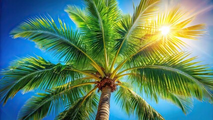 Fototapeta premium Palm Tree Blue Sky Portrait Photography AI Art, Palm Tree Sky Portrait, Tropical Sky Portrait