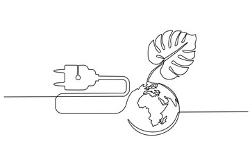 Continuous one line drawing of Earth with electric plug in. Single line drawing illustration of Plug in with earth. Go green energy concept vector art. Doodle line illustration.