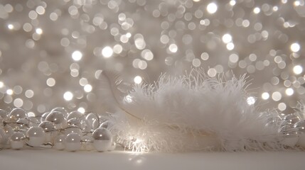Elegant composition with ethereal light, feathers and silvery spheres for Christmas