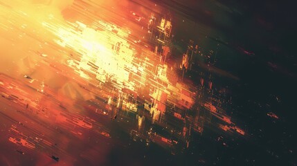 Abstract orange and yellow light streaks with dark background and geometric shapes visible in image