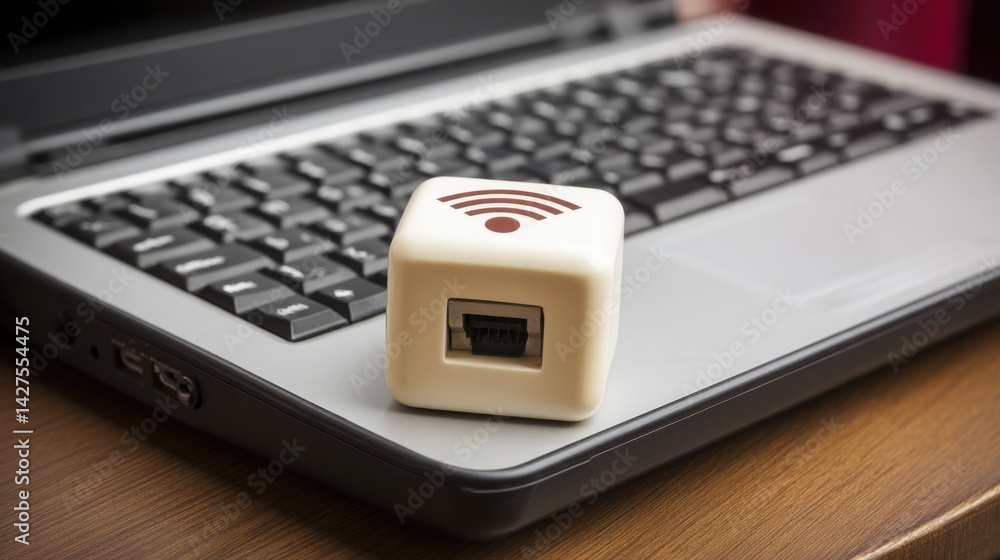 Poster minimalistic representation of a small white cube on a laptop symbolizing affordable internet access