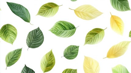Obraz premium Delicate, vibrant leaves in various shades of green and yellow, scattered across a white background. A gentle, natural pattern
