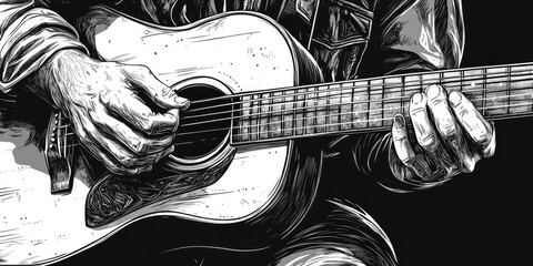 A close-up black and white sketch of hands playing an acoustic guitar for music blogs, guitar lessons websites, and artistic themes