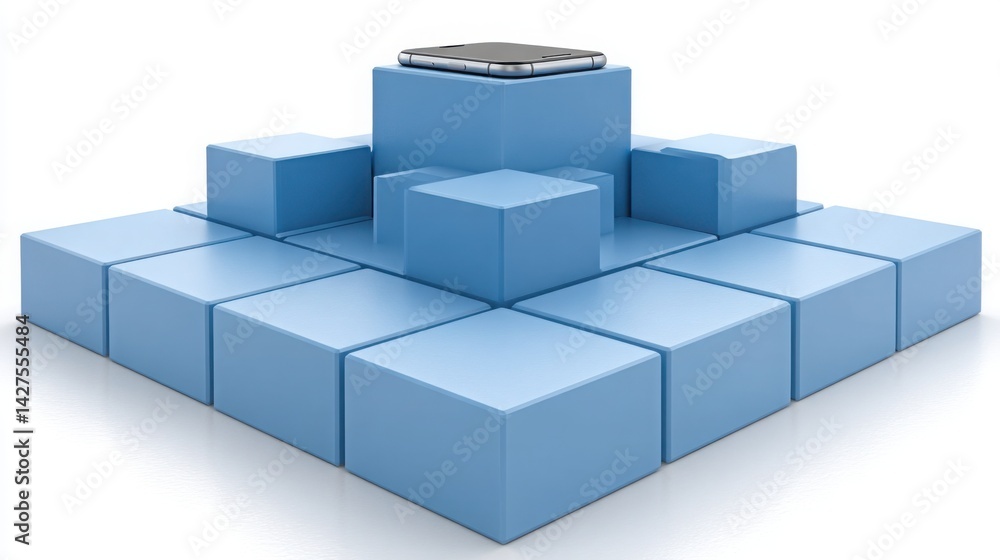 Poster blue cube representing e-banking access with a cell phone symbolizing expanding mobile financial ser