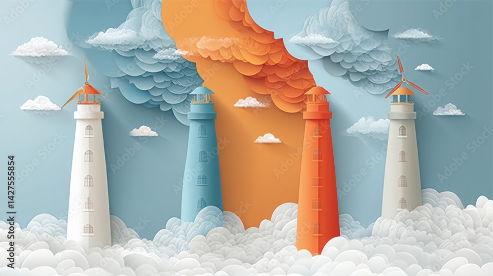 Poster lighthouse surrounded by clouds representing energy diversification and the transition of states to 