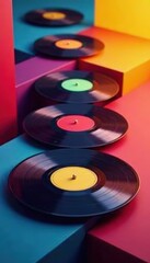 Colorful vinyl records slide across a geometric background, creative, pop art, graphic