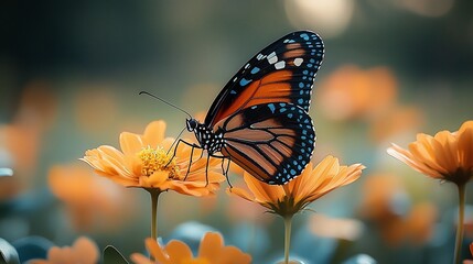 Butterfly on orange flowers, garden, sunset, nature