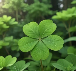 Close-up of a lucky four-leaf clover in lush green setting, shamrock, grass