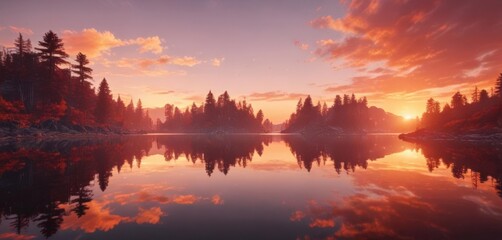 Fototapeta premium Crimson sunset paints tranquil lake, mirroring fiery hues, image, red, sunset