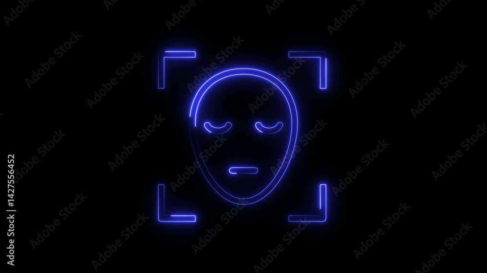 Poster neon face recognition animation with scanning frame on black background