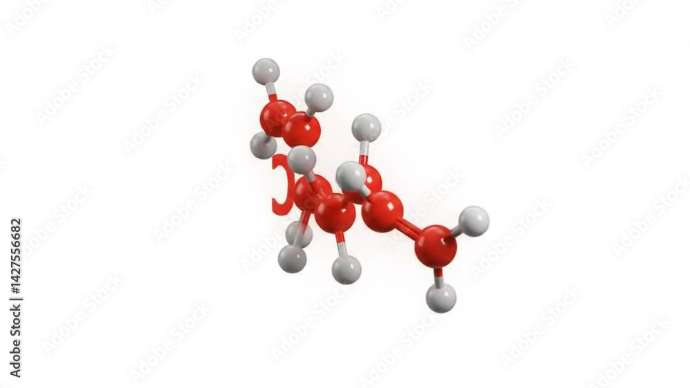 Poster dynamic molecular structure animation: red and white atoms rotating on white background