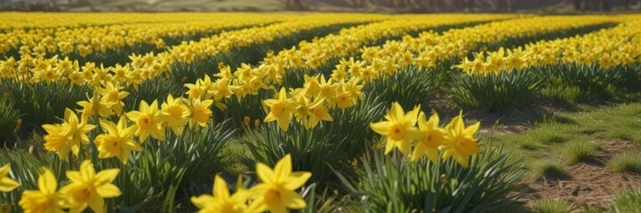 Fototapeta premium Bright yellow daffodils carpet a sunny field, vibrant seasonal display, bloom, outdoor, daffodil