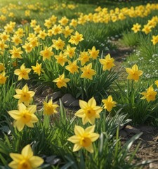 Fototapeta premium Close-up vibrant daffodils, sunny spring day, green meadow, bloom, nature