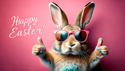 Rabbit 2 Thumbs up With Happy Easter Text Pink Background